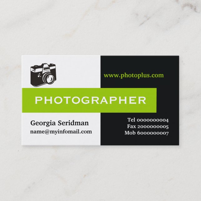 Tarjeta De Visita Fotógrafo negro, blanco, verde llamativo (Anverso)