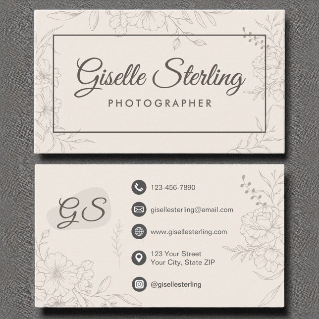 Tarjeta De Visita Fotógrafo Neutral Marfil Floral Elegante Script (Subido por el creador)