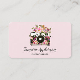 Tarjeta De Visita Fotógrafo profesional de cámara con flores rosadas