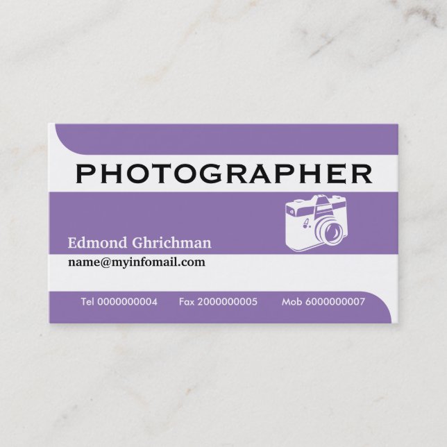 Tarjeta De Visita Fotógrafo profesional de cámara morado y blanco (Anverso)