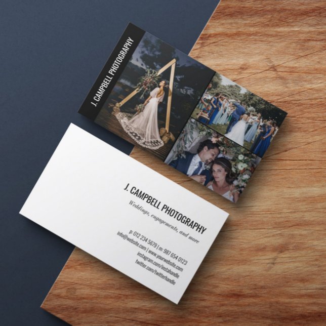 Tarjeta De Visita Fotógrafo profesional negro de 3 Collages de fotos (Subido por el creador)