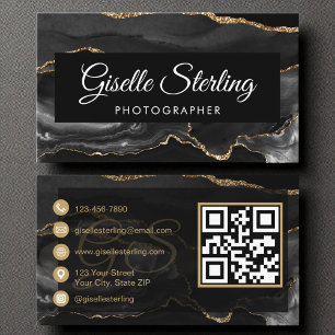Tarjeta De Visita Fotógrafo QR Code Black Gold Agate Luxury