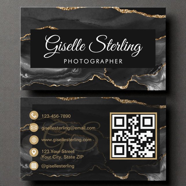 Tarjeta De Visita Fotógrafo QR Code Black Gold Agate Luxury (Subido por el creador)