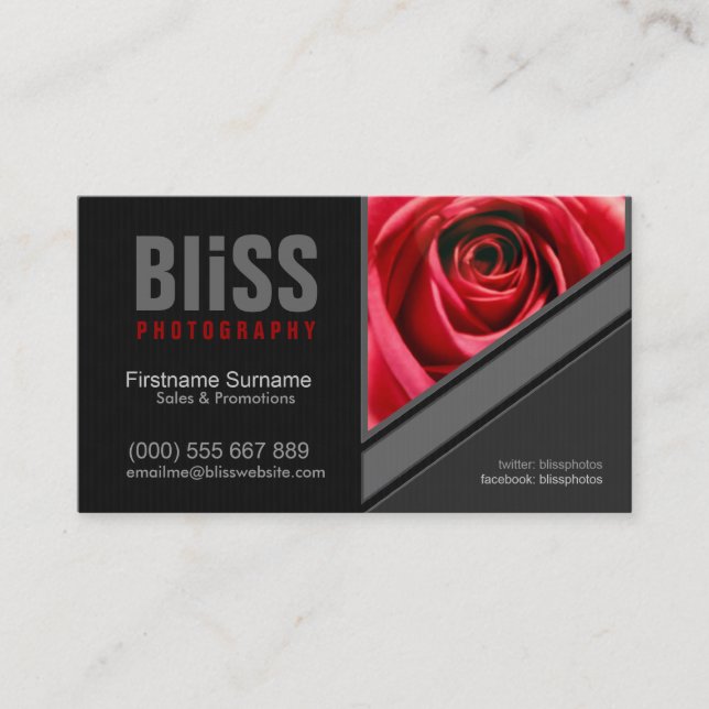 Tarjeta De Visita Fotógrafo rojo negro + gris con plantilla de foto (Anverso)