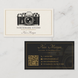 Tarjeta De Visita Fotógrafo Vintage Código QR de Cámara de Oro de