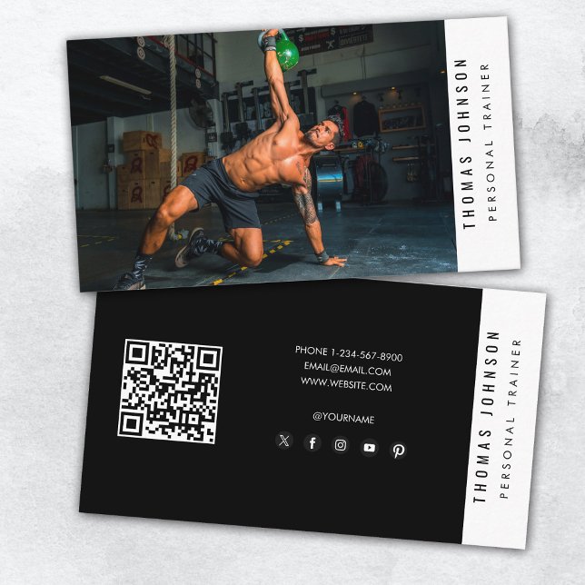 Tarjeta De Visita Fotomontaje personal moderno Foto Código QR (Trendy Personal Trainer Fitness Photo QR Code Business Card)