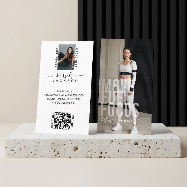 Tarjeta De Visita Fotos en negrita de entrenador personal de acondic (Modern Bold Script Calligraphy Fitness Photo QR Business Card)