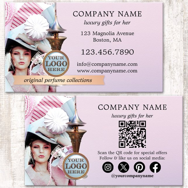 Tarjeta De Visita Fragrance Regalos de lujo Perfume profesional (Elegant business card featuring a rose gold and blue perfume bottle on a magazine style background)
