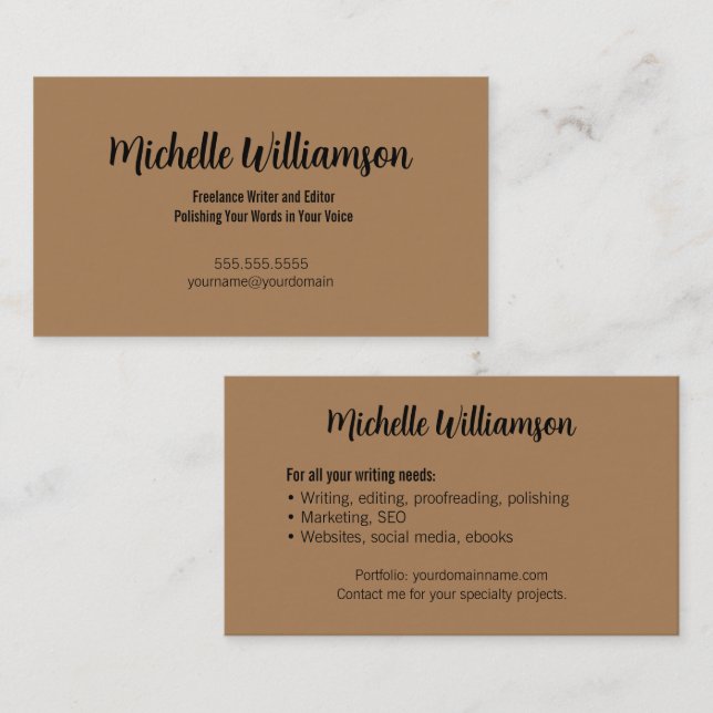 Tarjeta De Visita Freelance Writer Minimal Warm Brown (Anverso / Reverso)