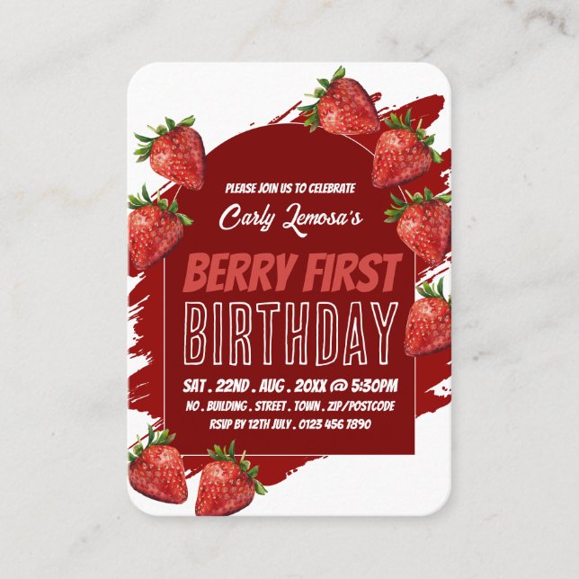Tarjeta De Visita Fresas, boletos para el primer cumpleaños de Berry (Anverso)