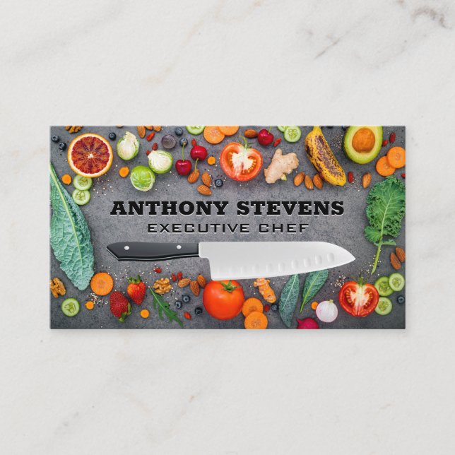 Tarjeta De Visita Frutas y hortalizas en la mesa | Chef Knife (Anverso)