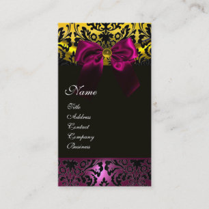 TARJETA DE VISITA FUCHSIA RIBBON ORO NEGRO AMARILLO DAMASK MONOGRAM