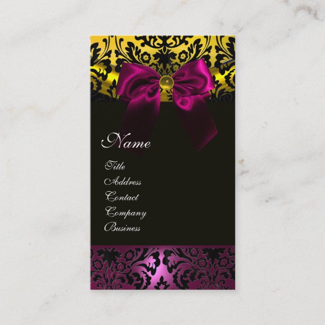 TARJETA DE VISITA FUCHSIA RIBBON ORO NEGRO AMARILLO DAMASK MONOGRAM (Anverso)