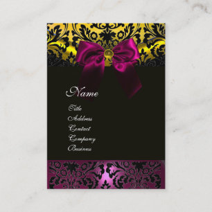 TARJETA DE VISITA FUCHSIA RIBBON ORO NEGRO AMARILLO DAMASK MONOGRAM
