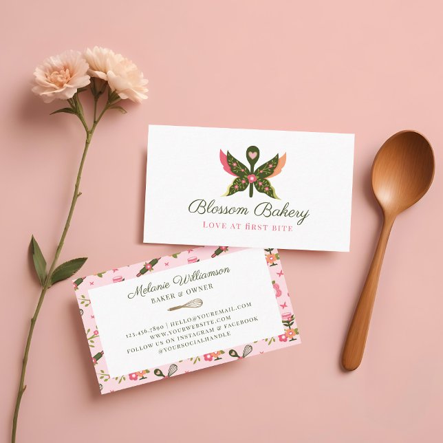 Tarjeta De Visita Fun Butterfly Blossom Floral Garden Baterías Cucha (Fun Butterfly Blossom Floral Garden Bakery Spoon Business Card)
