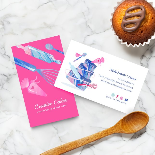 Tarjeta De Visita Fun Pink Blue Marble Bakery Herramientas y Utensil (Fun Pink Blue Marble Bakery Tools & Utensils Pink Business Card)