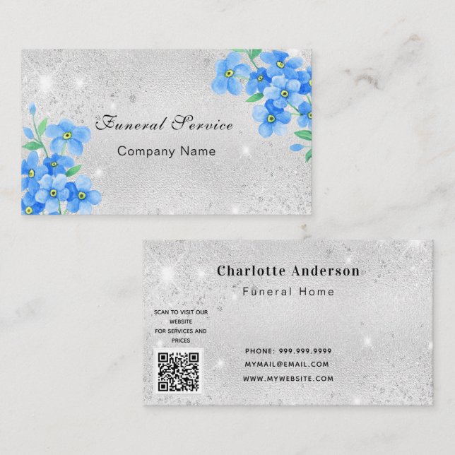 Tarjeta De Visita Funeral servicio residencial plata azul floral cód (Anverso / Reverso)