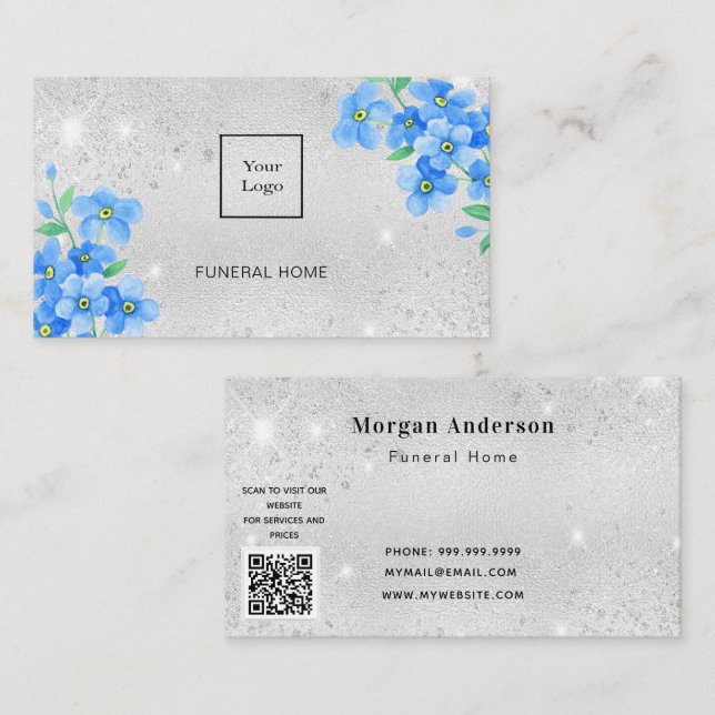 Tarjeta De Visita Funeral servicio residencial plata azul floral cód (Anverso / Reverso)