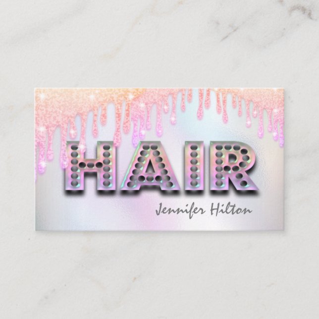Tarjeta De Visita Funky retro holográfico purpurinoso gotea pelo (Anverso)