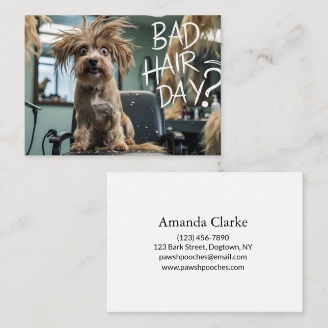 Tarjeta De Visita Funny Dog Grooming Business Card – “Bad Hair Day?” (Anverso / Reverso)