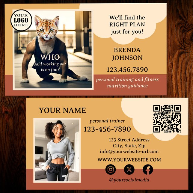 Tarjeta De Visita Funny Fitness Health Personal Trainer (Funny business card for a fitness instructor in terra cotta colors with QR code template and photo)