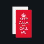 Tarjeta De Visita Funny personalizado Mantener la calma plantilla de<br><div class="desc">Funny personalizado Keep Calm business card. Tarjeta de visita profesional de color rojo o personalizado. Tipografía moderna con corona. Mantente tranquilo y llámame. Excelente para cualquier tipo de empresa o persona por cuenta propia. Enumera tus servicios o operaciones en la parte posterior. Haga sonreír a sus clientes con una tarjeta...</div>
