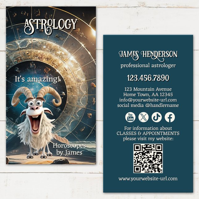 Tarjeta De Visita Funny Professional Astrologer (Professional astrologer business card showing a funny design with an Aries - QR code - social media)