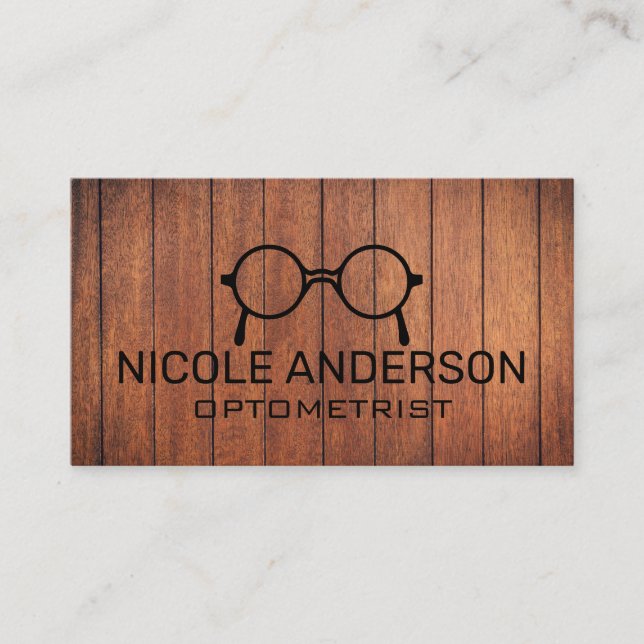 Tarjeta De Visita Gafas de optometrista de madera rústica (Anverso)