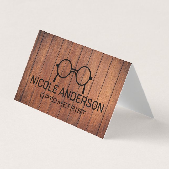 Tarjeta De Visita Gafas de optometrista de madera rústica (Anverso)