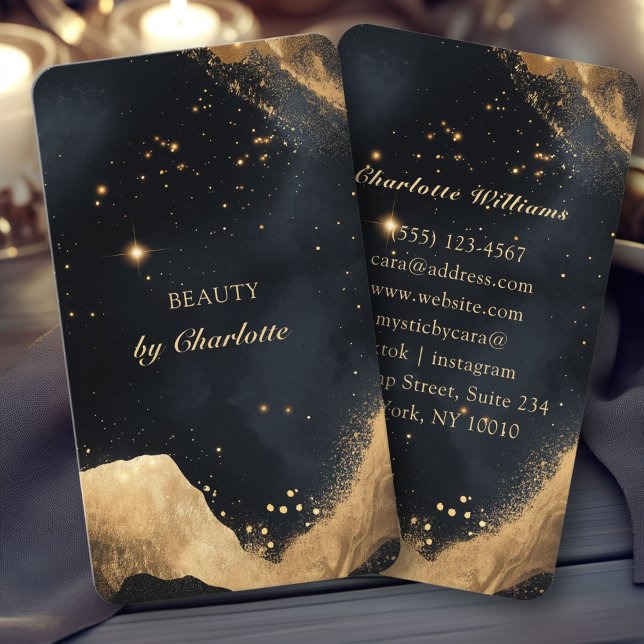 Tarjeta De Visita Galaxia personalizada de oro y negro (Personalized Black & Gold Galaxy Business Card.Perfect for Tarot reader, Energy Healer, Light Worker)