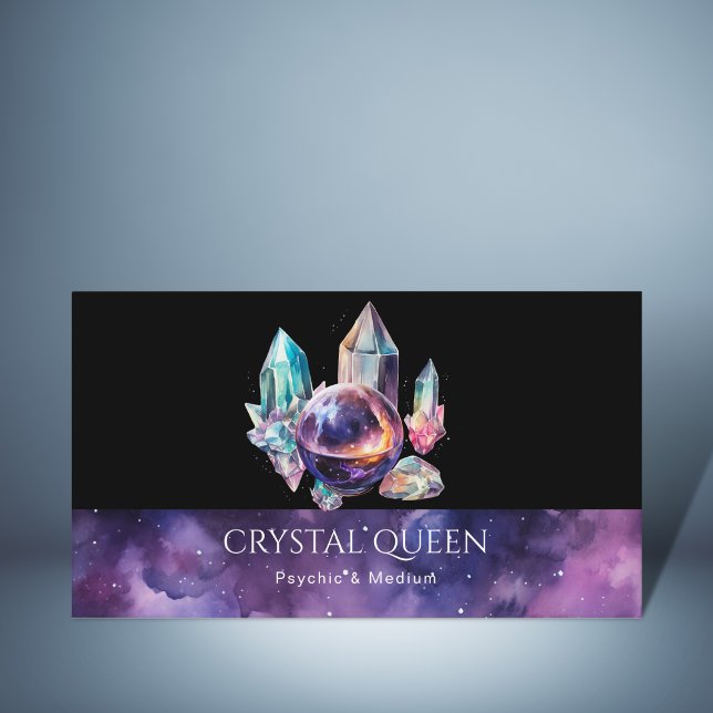 Tarjeta De Visita Galaxia psíquica media púrpura mística bola de cri (CRYSTAL BALL AND CRYSTALS, WATERCOLOR, PURPLR COLOR
)