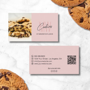 Tarjeta De Visita Galletas Logotipo Monograma Panadería Foto QR Rosa