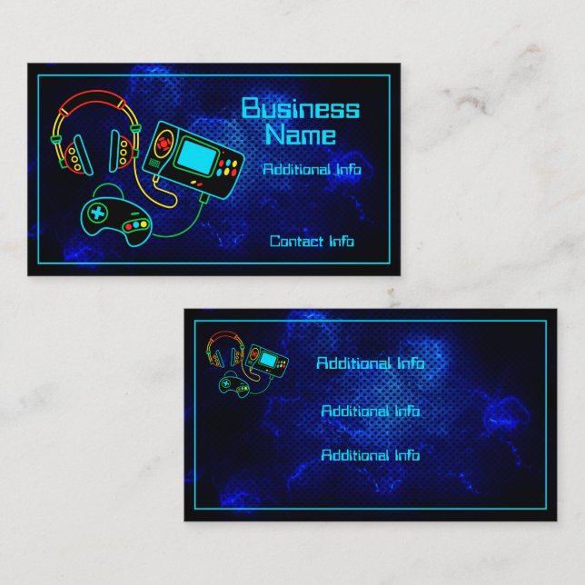Tarjeta De Visita Gamer retro neón azul (Anverso / Reverso)