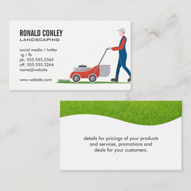 Tarjeta De Visita Gardener Mowing Lawn | Grasa de corte (Anverso / Reverso)
