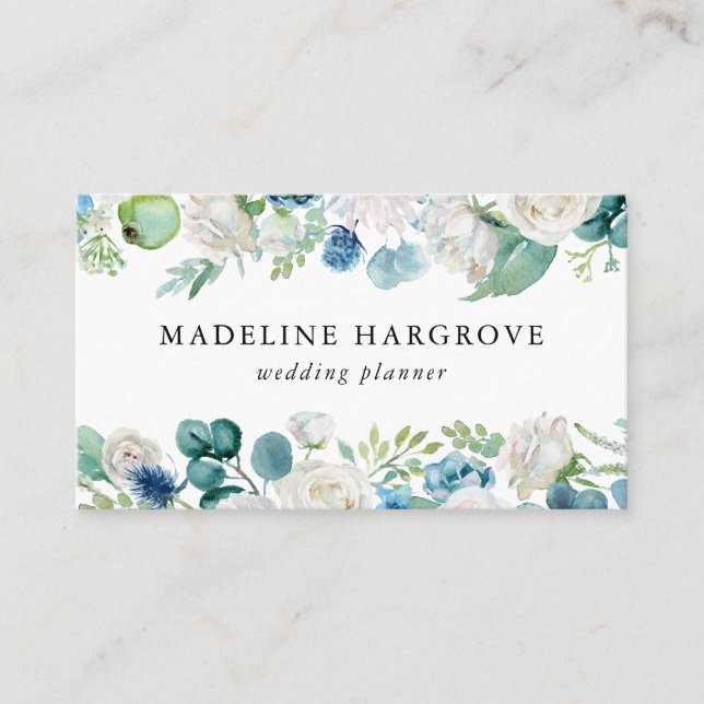Tarjeta De Visita Garland azul y blanco floral (Anverso)