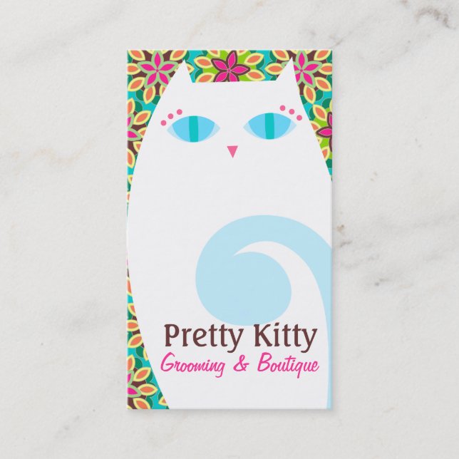 Tarjeta De Visita Gatito bonito blanco y floral (Anverso)
