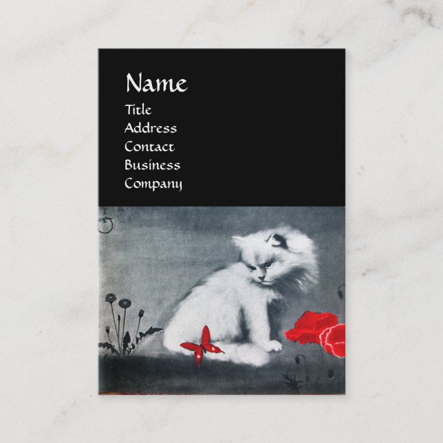 TARJETA DE VISITA GATO BLANCO CON MONOGRAMA DE MARIPOSA ROJA, PERLA (Anverso)