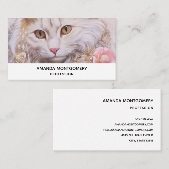 Tarjeta De Visita Gato blanco elegante en oro y diamantes (Anverso / Reverso)
