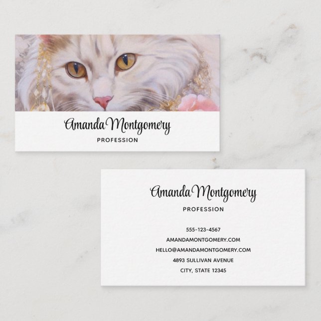 Tarjeta De Visita Gato blanco elegante en oro y diamantes (Anverso / Reverso)