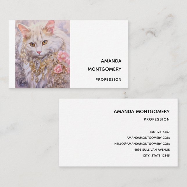 Tarjeta De Visita Gato blanco elegante en oro y diamantes (Anverso / Reverso)
