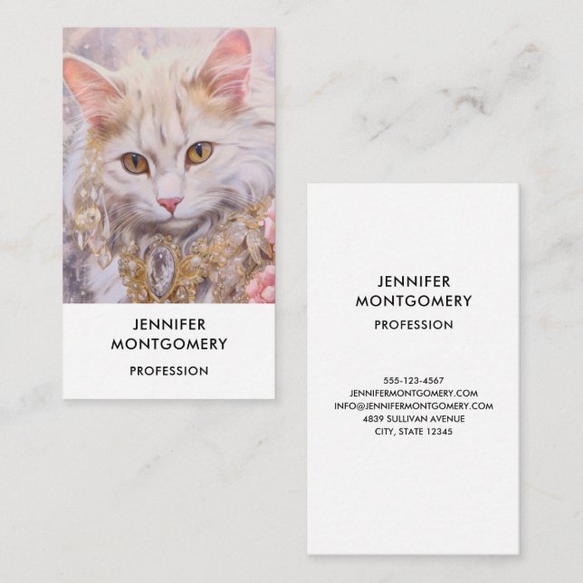 Tarjeta De Visita Gato blanco elegante en oro y diamantes (Anverso / Reverso)