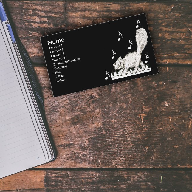 Tarjeta De Visita Gato blanco en las llaves del piano (Winking white happy cat walking on piano keys music notes on black business cards.)
