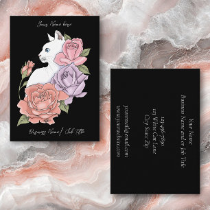 Tarjeta De Visita Gato Blanco Floral Pastel Negro Botánico Romántico