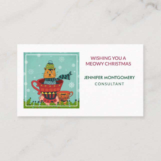 Tarjeta De Visita Gato caprichoso sentado en una taza de té Navidade (Anverso)