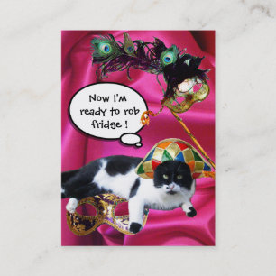 TARJETA DE VISITA GATO CON SOMBRERO DE ARLEQUÍN Y MÁSCARAS DE FIESTA