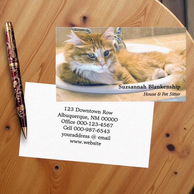 Tarjeta De Visita Gato gracioso reemplazable en foto de rosado (Business card template front and back)