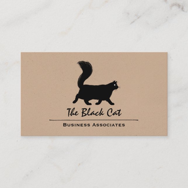 Tarjeta De Visita Gato negro andando con cola larga y esponjosa (Anverso)