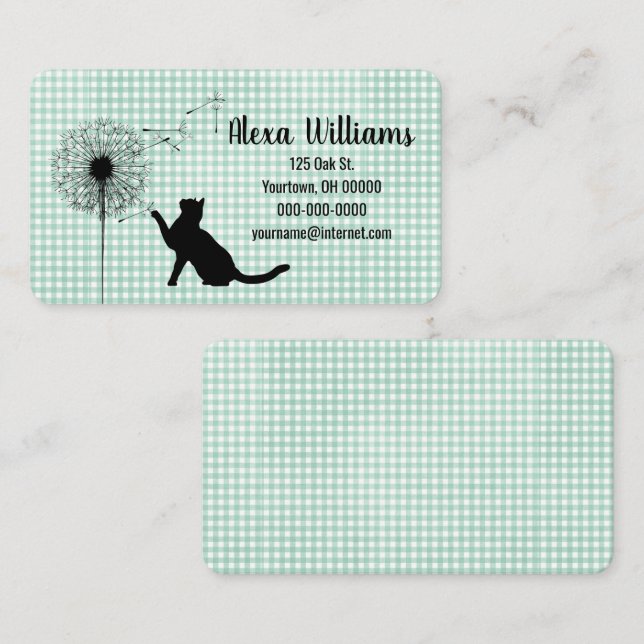 Tarjeta De Visita Gato negro y dandelion en Gingham (Anverso / Reverso)