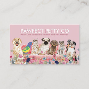 Tarjeta De Visita Gato Rosa Pájaro Perro Flores Acuarela