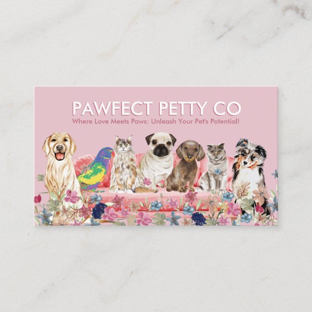 Tarjeta De Visita Gato Rosa Pájaro Perro Flores Acuarela (Anverso)